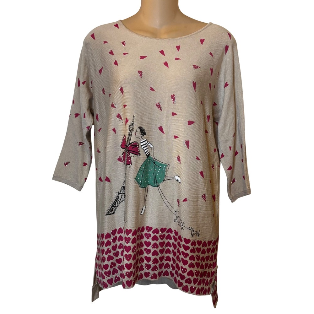 Mesh + Lace Women's Sweater Small Leightweight‎ Top Love Theme Red Hearts Paris